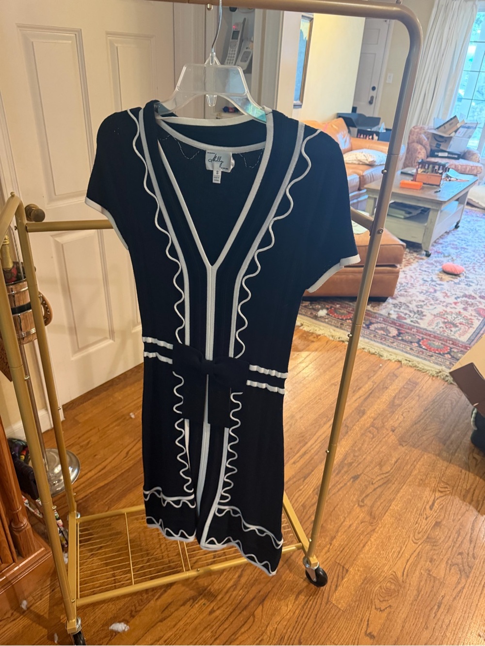 Navy Short Sleeve Knit Dress with White Trim